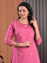 Pink silk embroidered round neck casual kurti