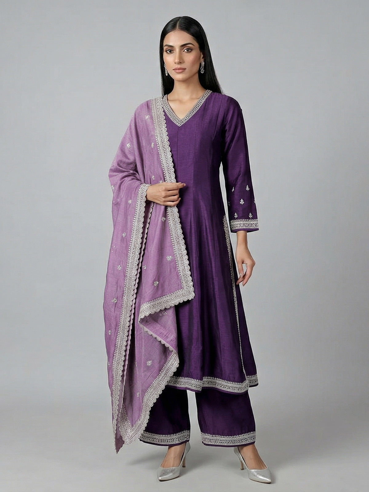 Purple silk anarkali suit festive elegance
