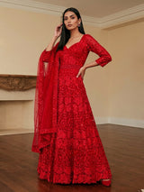 Red net anarkali suit with intricate zardosi elegance