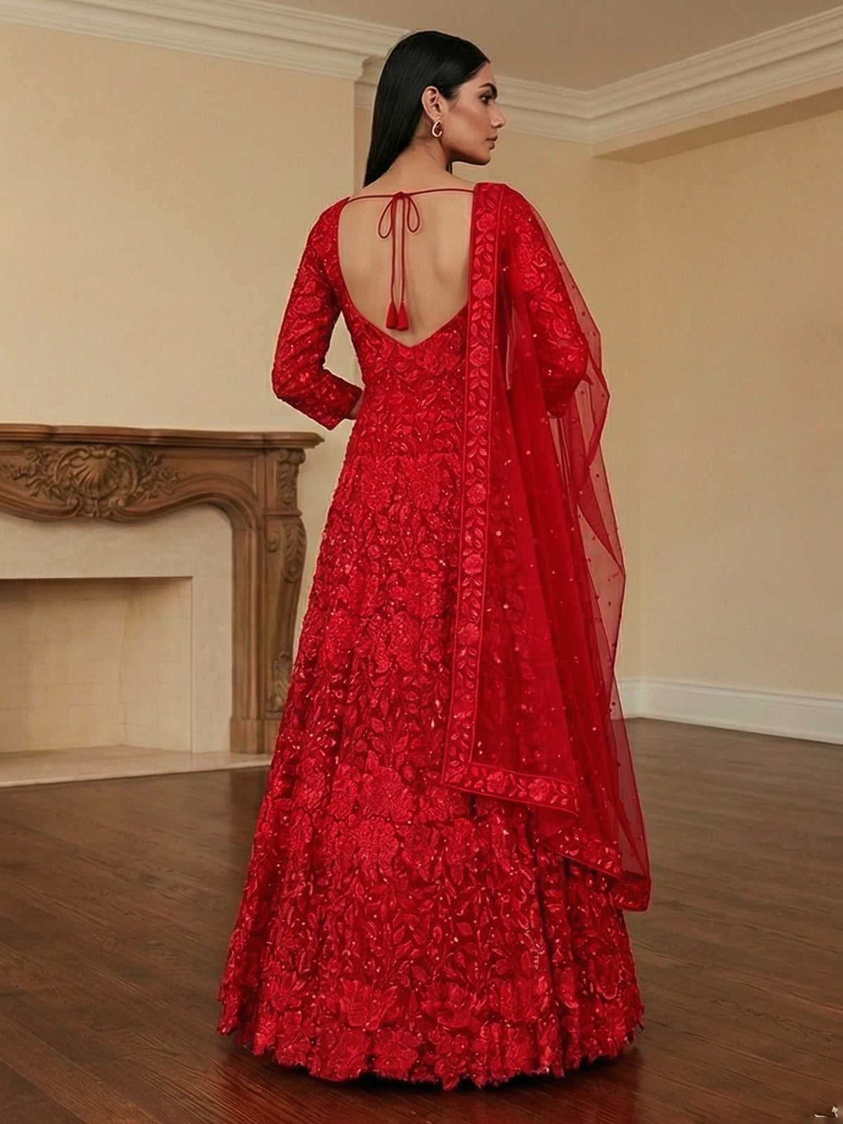 Red net anarkali suit with intricate zardosi elegance