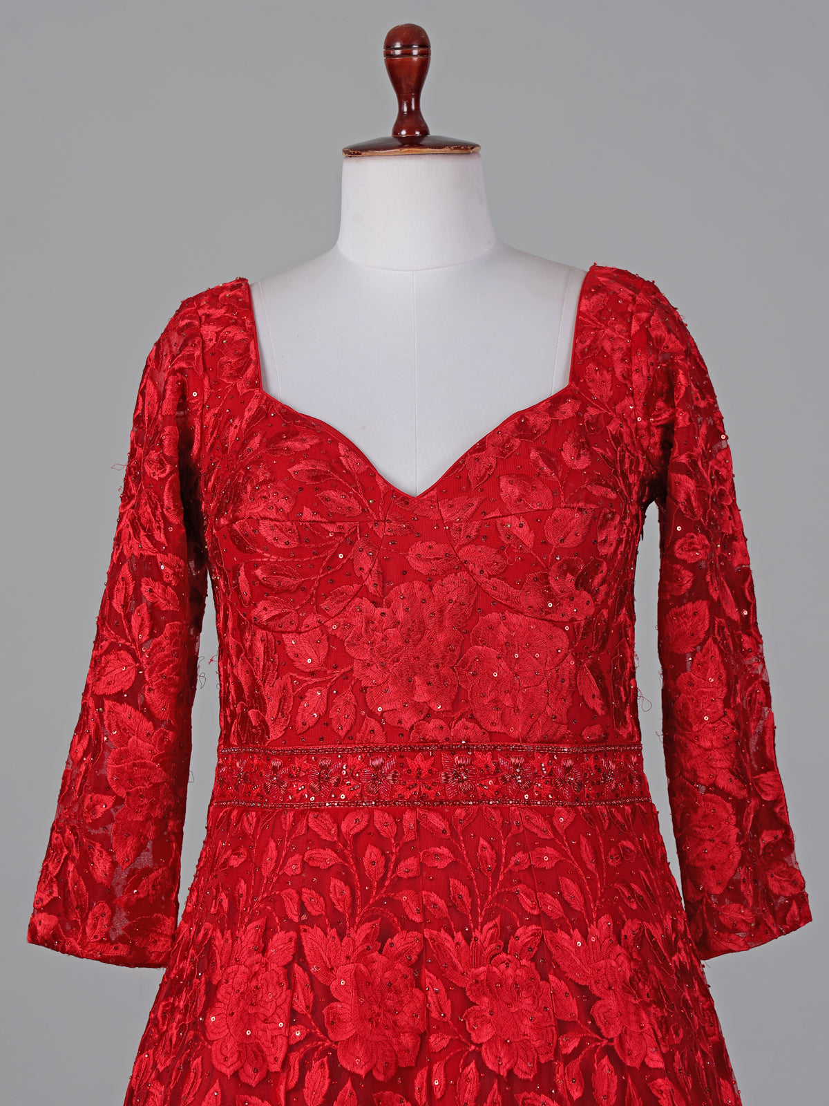 Red net anarkali suit with intricate zardosi elegance