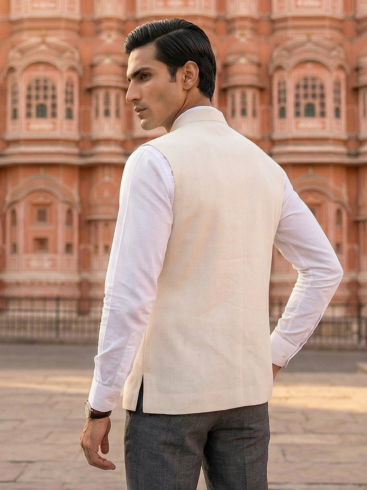 Cream cotton silk patch work waistcoat