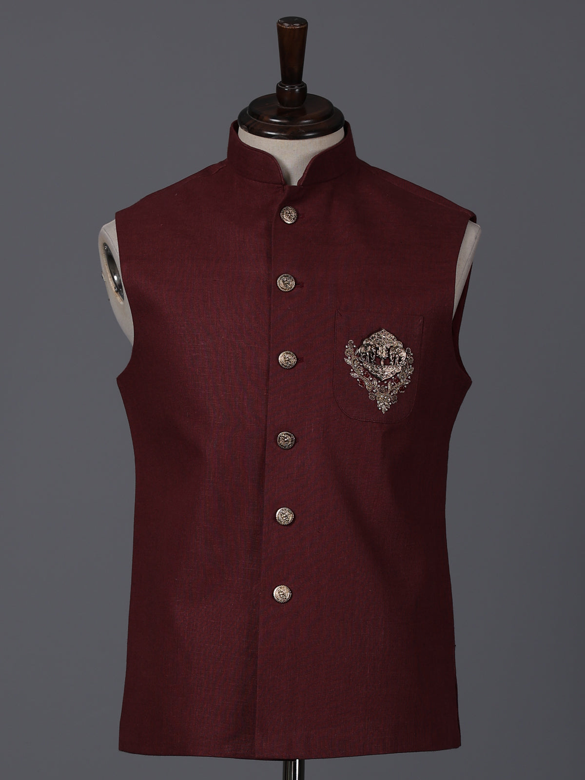 Classy maroon cotton silk patch work waistcoat