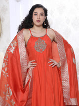 Orange silk sleeveless festive kurti palazzo set with dupatta