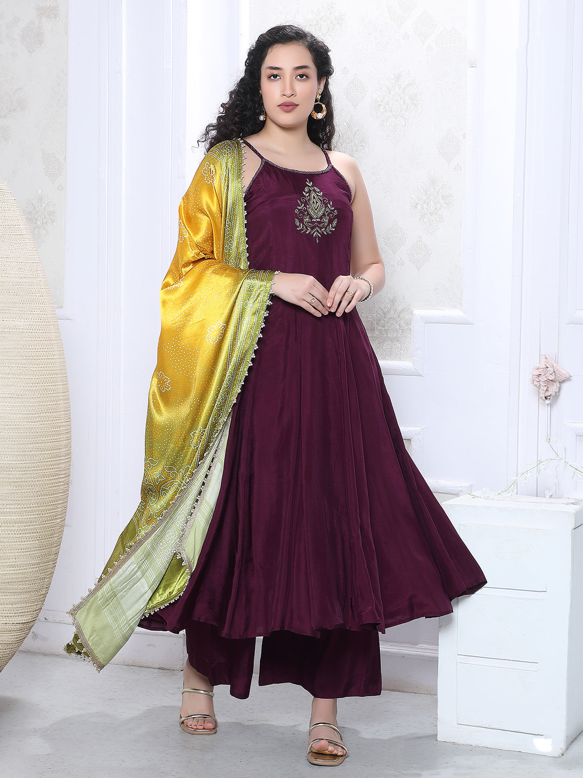 Dark purple satin silk festive kurti palazzo set with dupatta