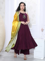 Dark purple satin silk festive kurti palazzo set with dupatta