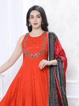 Bright orange satin silk festive yoke style kurti palazzo set