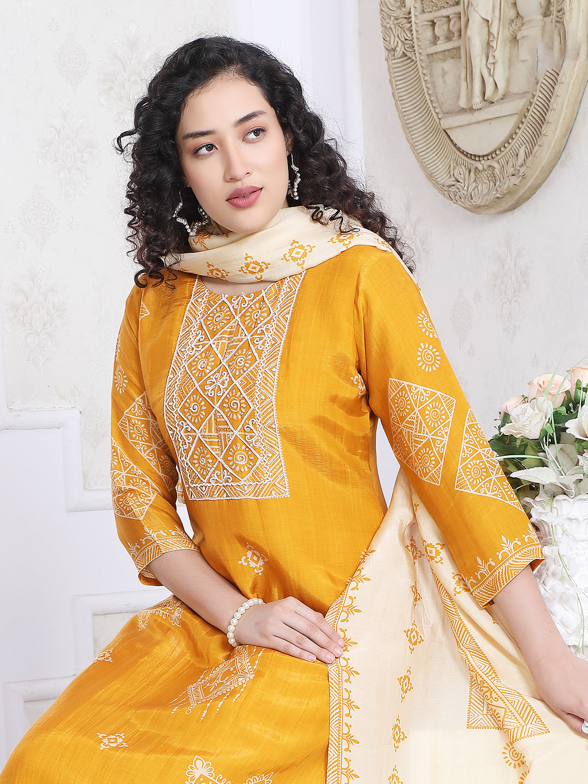 Yellow silk festive yoke style kurti set with dupatta