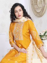 Yellow silk festive yoke style kurti set with dupatta