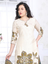 Off white silk printed festive kurti set with dupatta