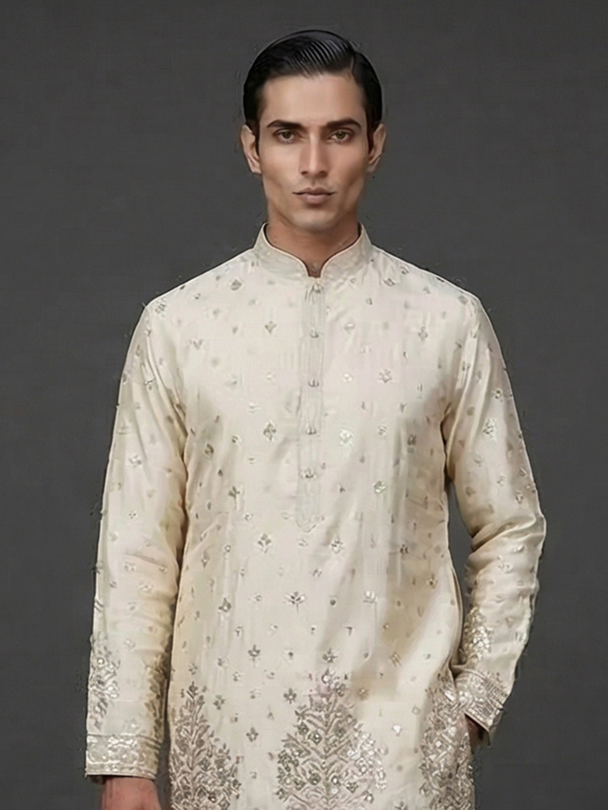 Beige silk embroidered work festive mandarin collar kurta suit