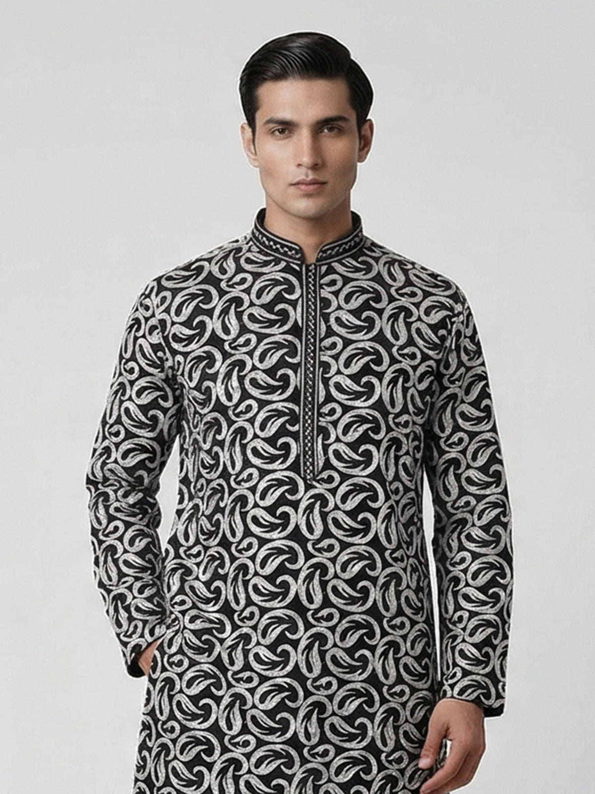 Black cotton silk embroidered work festive kurta suit