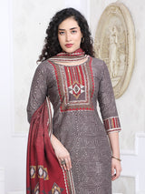 Brown silk printed yoke style festive kurti set