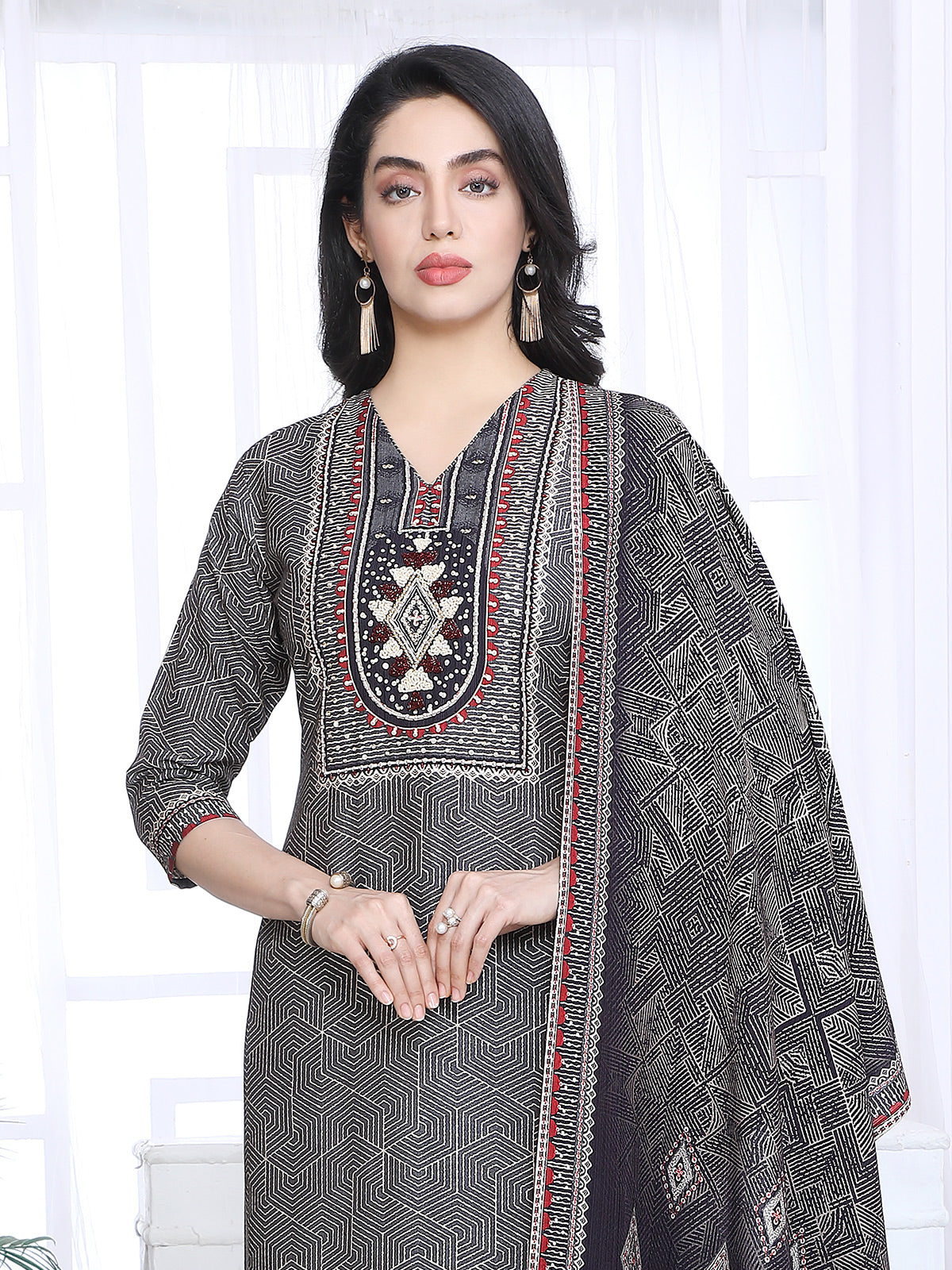 Black silk printed yoke style festive kurti set