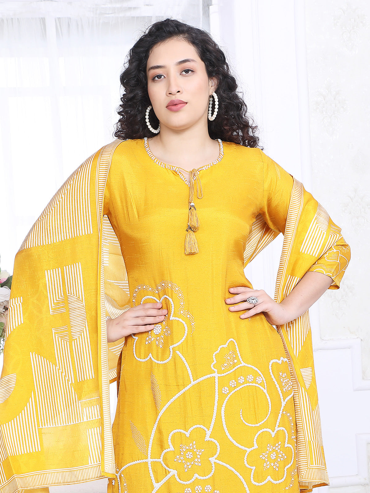 Yellow silk printed festive kurti set for haldi