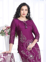 Wine silk printed festive kurti set with dupatta