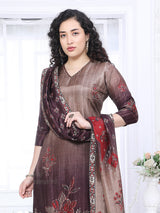 Brown shaded silk printed festive kurti set