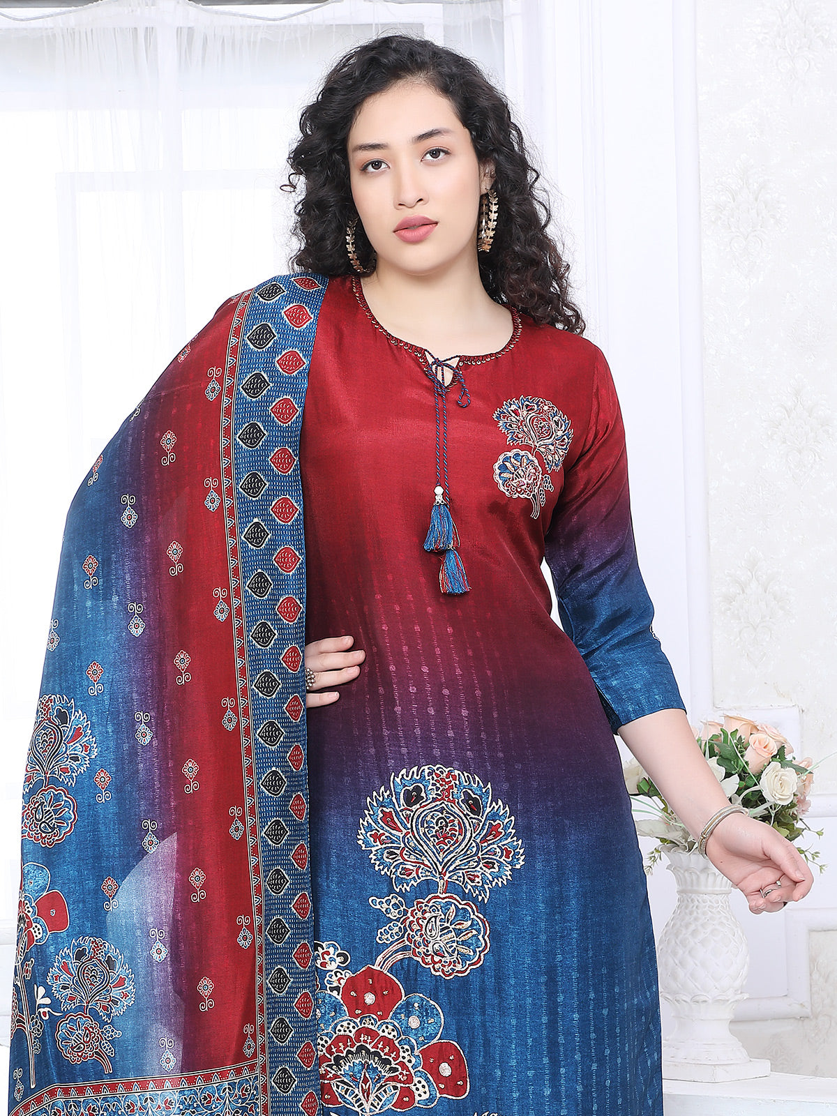 Blue red shaded silk festive kurti set with dupatta