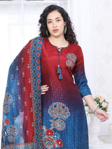 Blue red shaded silk festive kurti set with dupatta
