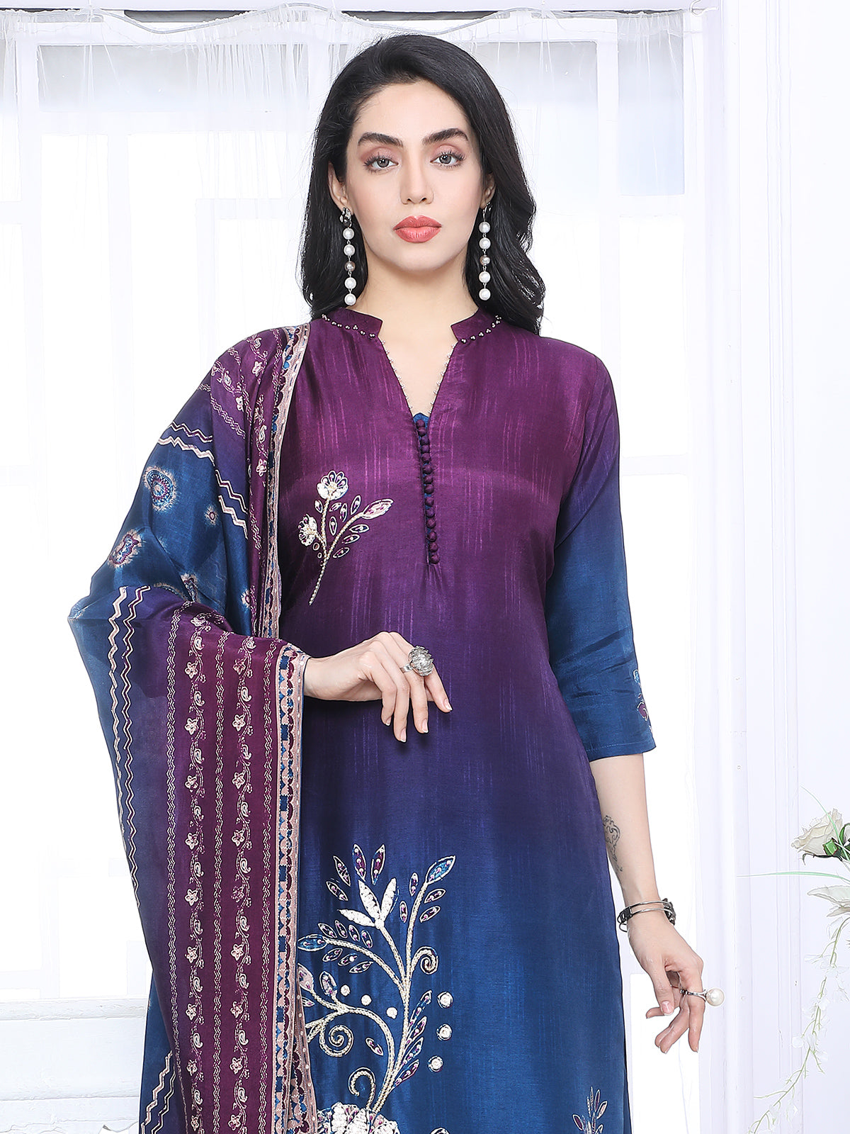 Blue purple shaded silk festive stand collar kurti set