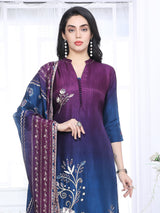 Blue purple shaded silk festive stand collar kurti set