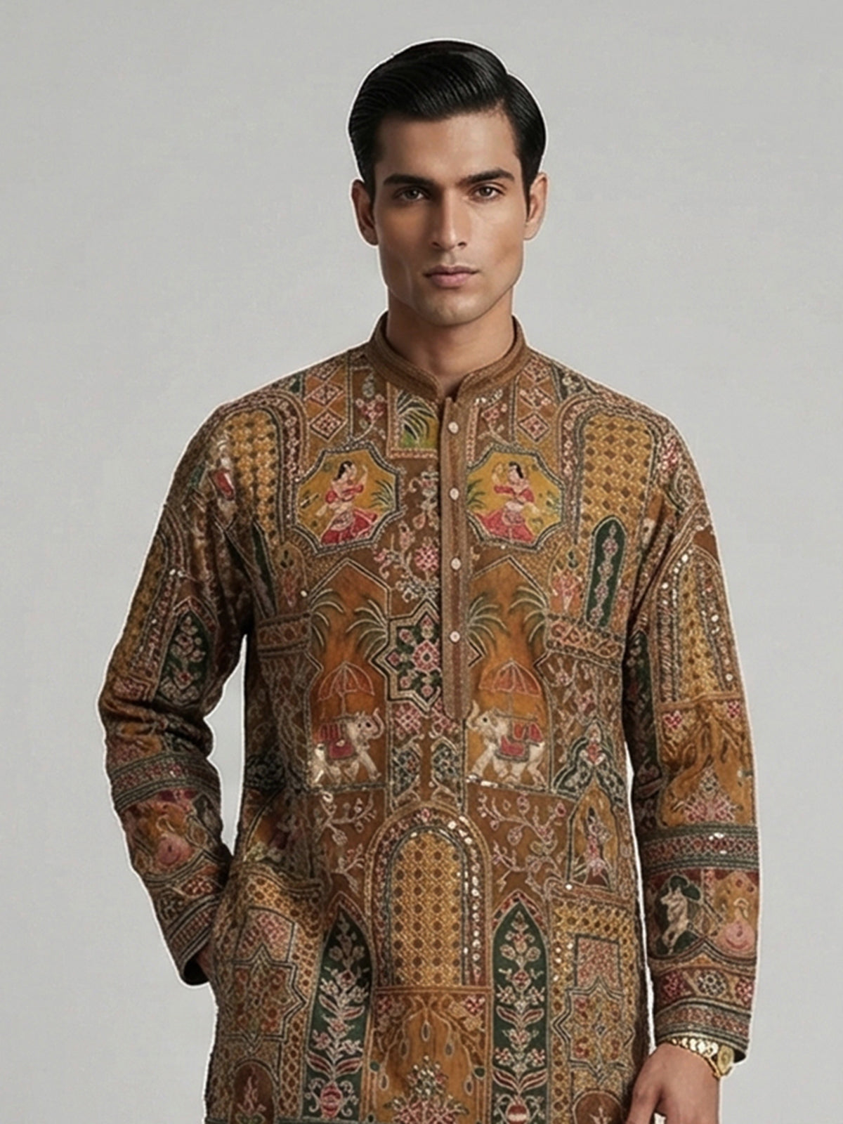 Mehendi olive silk zardosi festive kurta suit