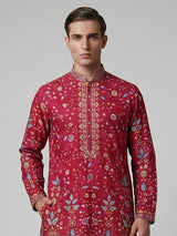 Deep rani pink silk floral embroidered festive kurta suit