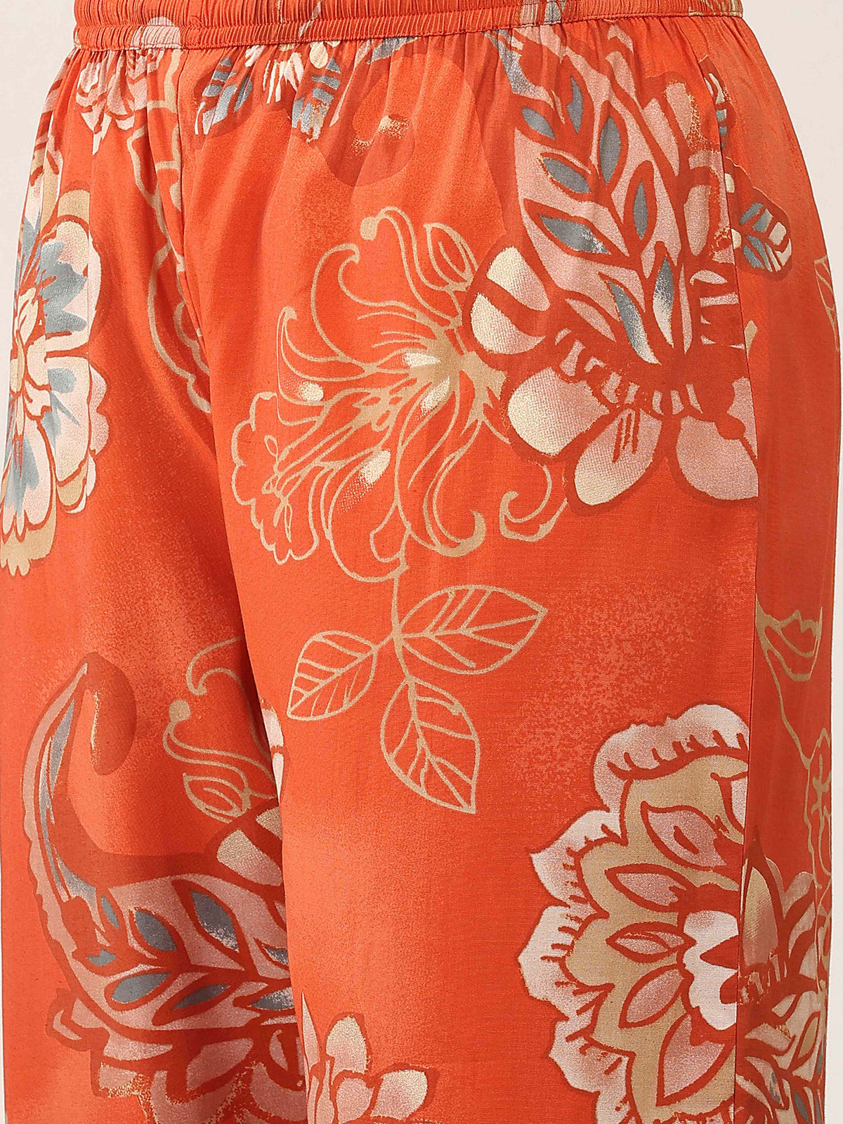 Rust orange cotton silk floral printed kurti set