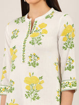 Off white cotton floral printed kurti set with collar