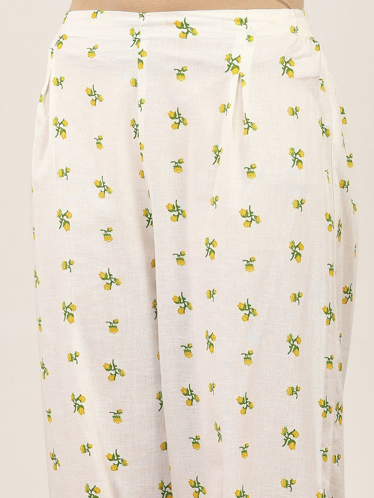 Off white cotton floral printed kurti set with collar