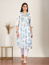White cotton silk floral printed v neck kurti
