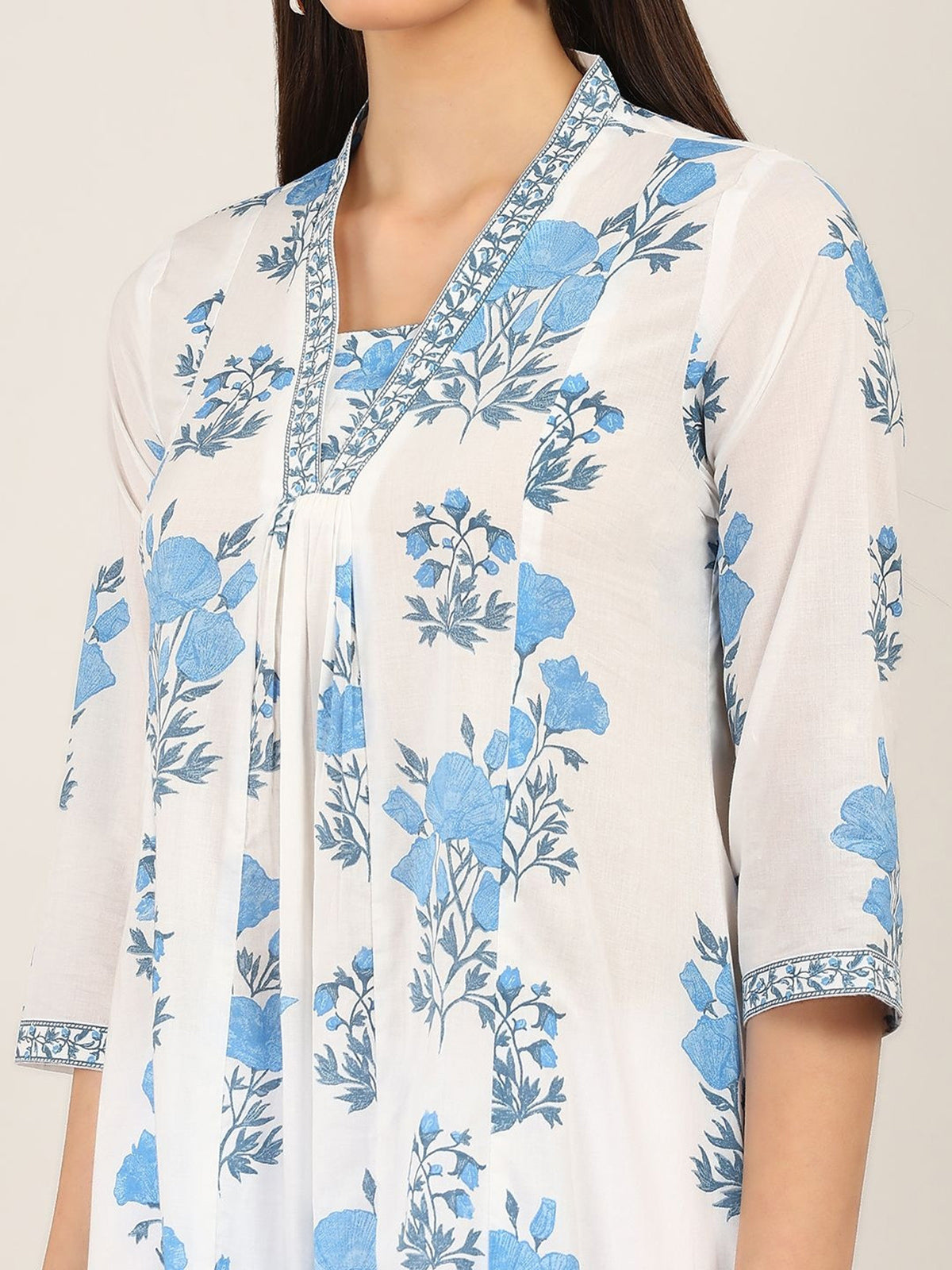 White cotton silk floral printed v neck kurti