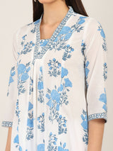 White cotton silk floral printed v neck kurti