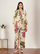 Cream cotton silk floral printed collar neck co ord set