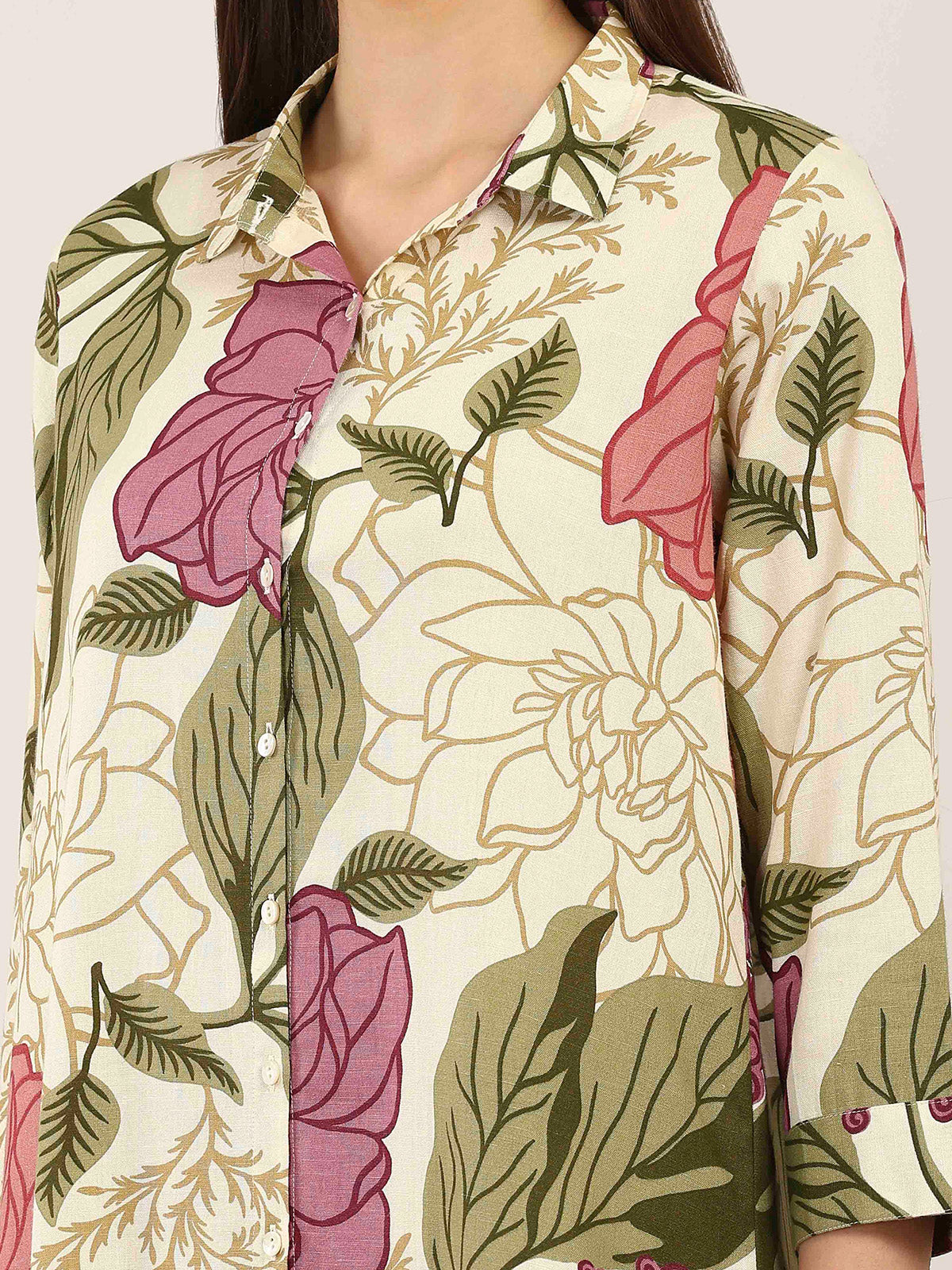 Cream cotton silk floral printed collar neck co ord set