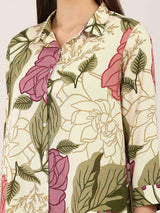 Cream cotton silk floral printed collar neck co ord set