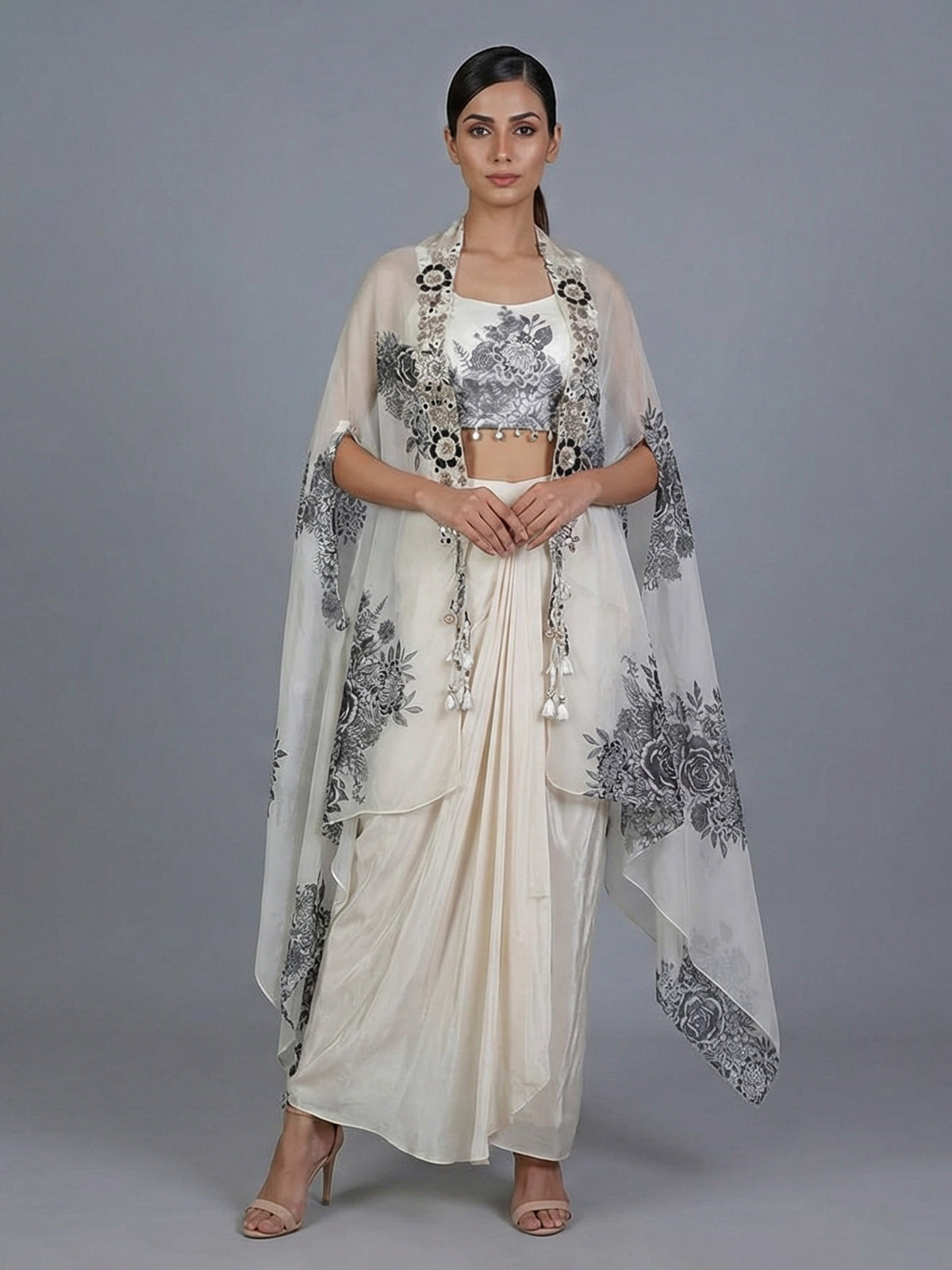 Cream silk indowestern suit with designer long shrug