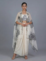 Cream silk indowestern suit with designer long shrug