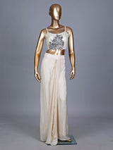 Cream silk indowestern suit with designer long shrug