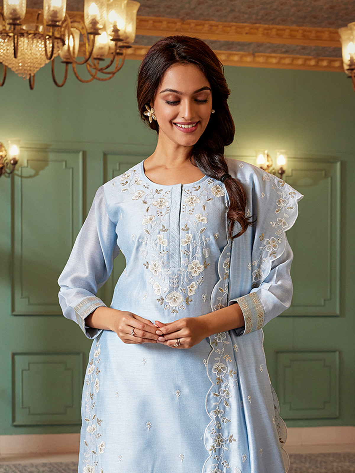 Mint blue silk festive wear salwar suit with dupatta