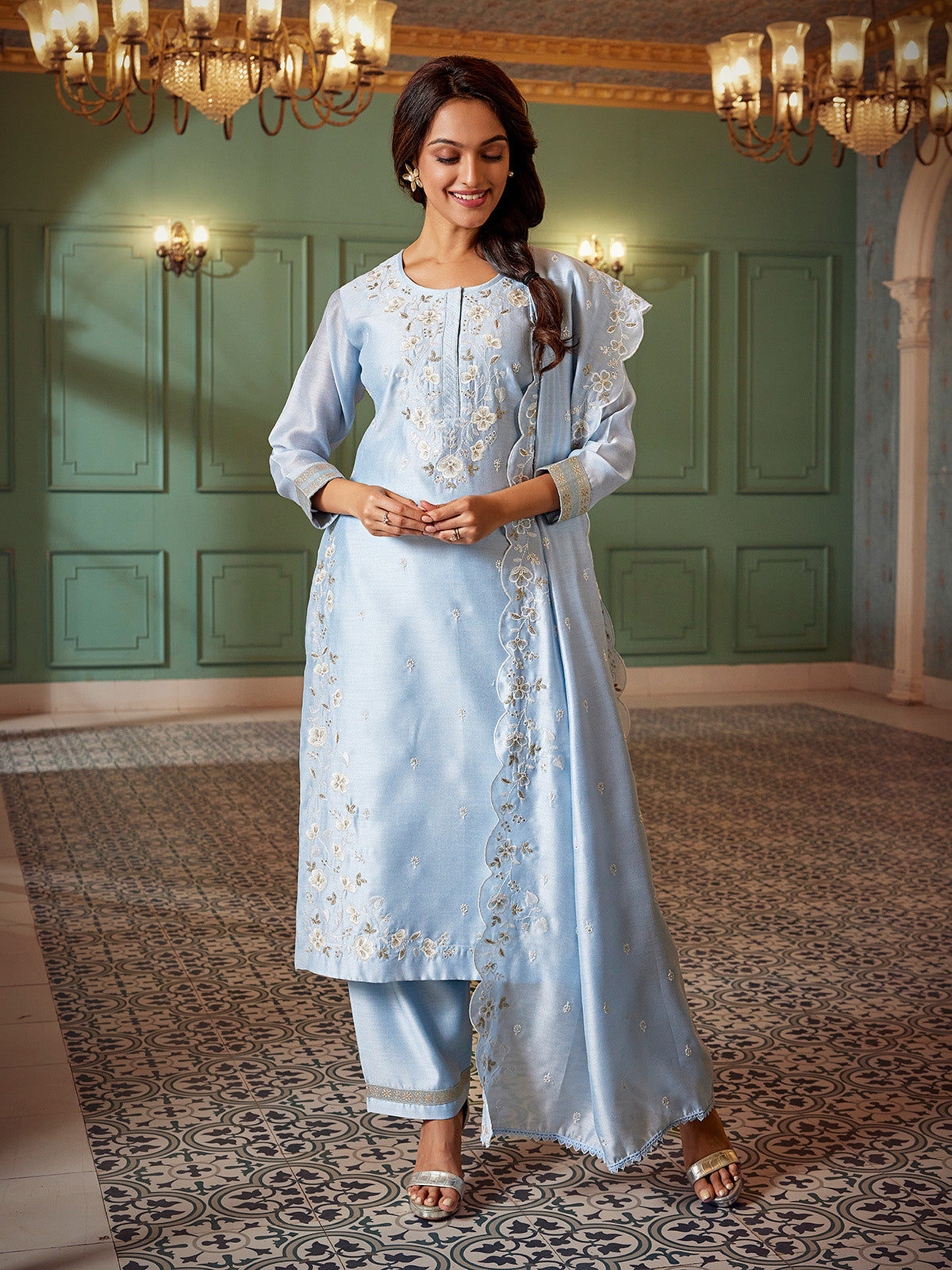Mint blue silk festive wear salwar suit with dupatta