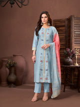 Sky blue silk embroidered festive salwar suit with dupatta