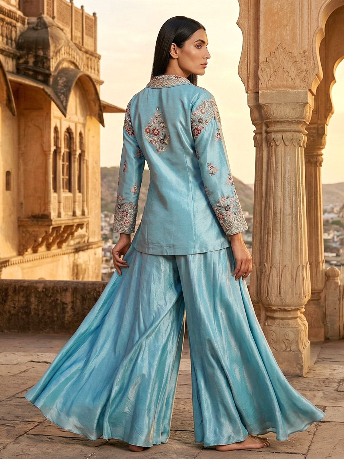 Sky blue silk jacket style designer palazzo suit