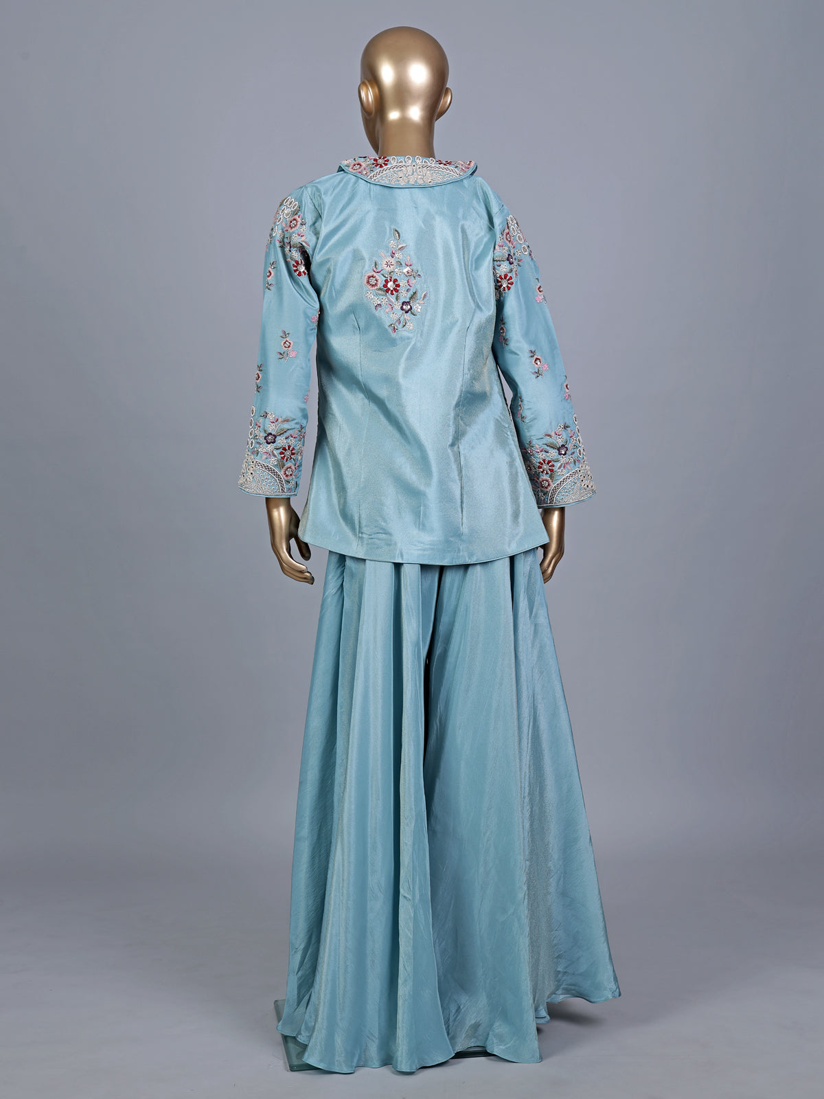 Sky blue silk jacket style designer palazzo suit