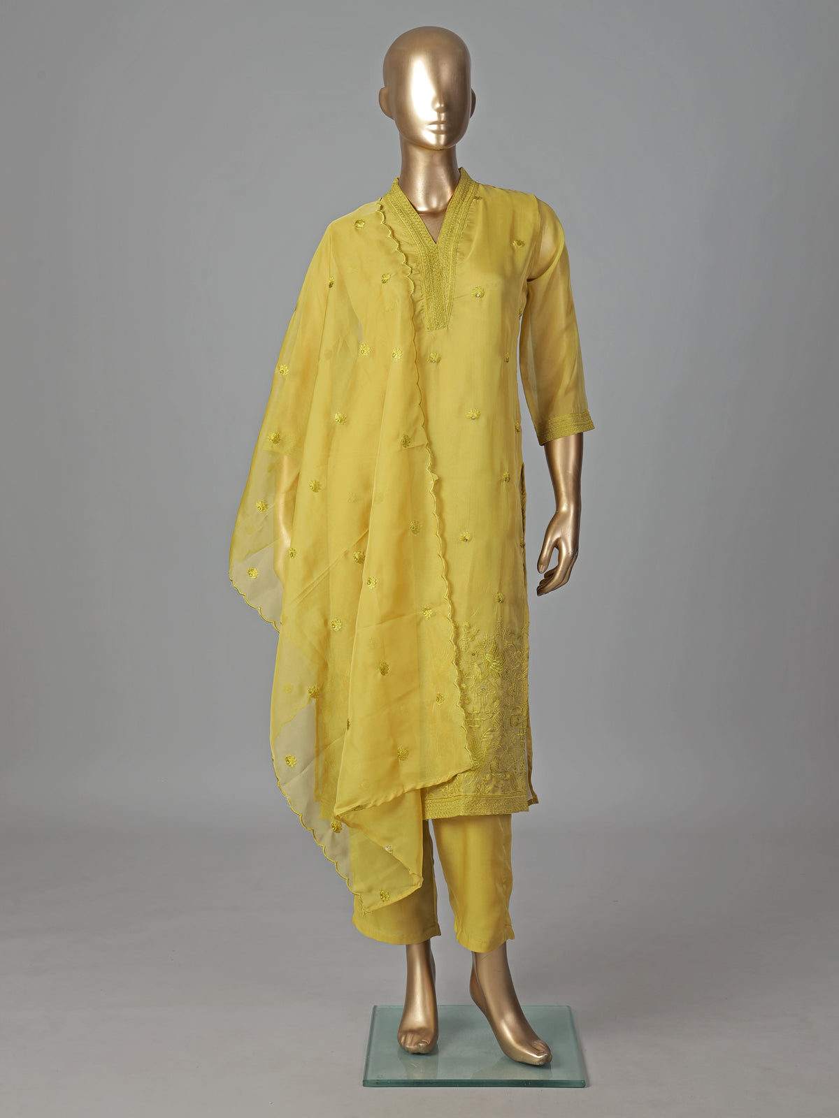 Mehendi yellow georgette kurti set festive elegance
