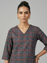 Stone blue cotton printed kurti set everyday elegance