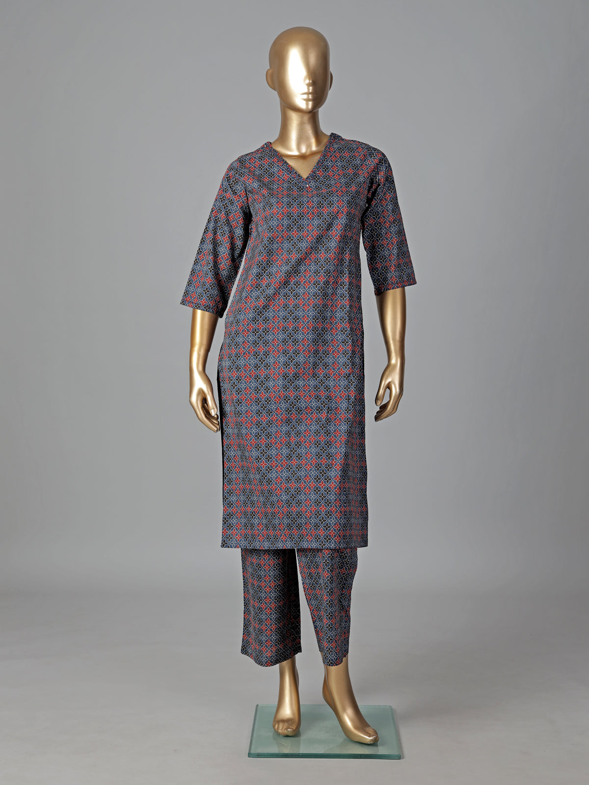 Stone blue cotton printed kurti set everyday elegance