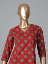 Maroon cotton silk printed kurti set soft elegance