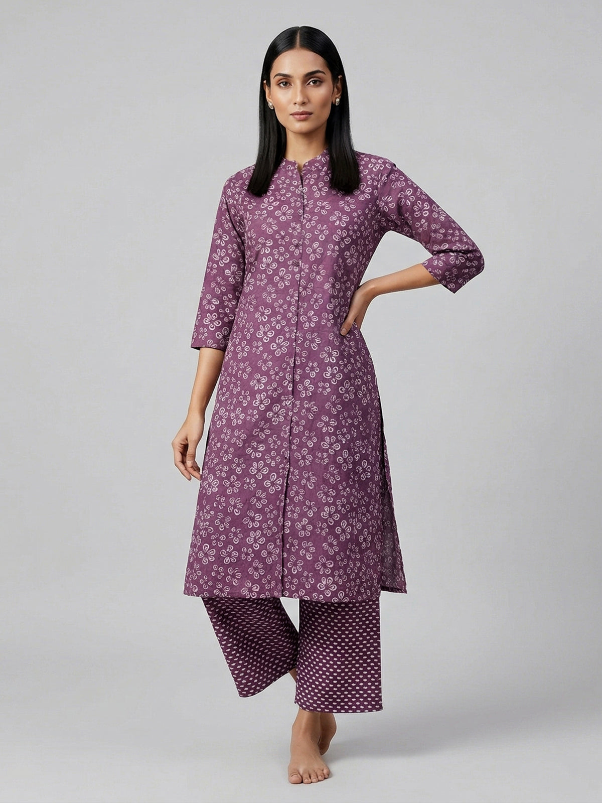 Purple cotton silk floral printed kurti set elegance