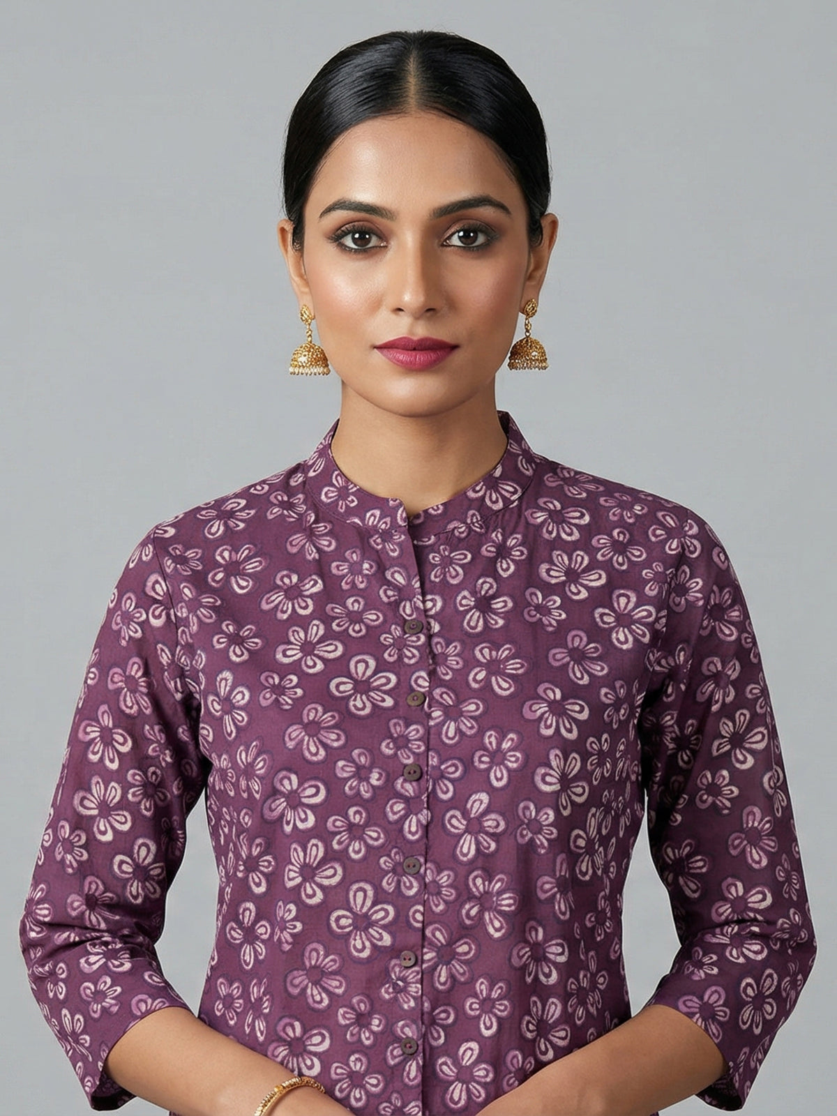 Purple cotton silk floral printed kurti set elegance